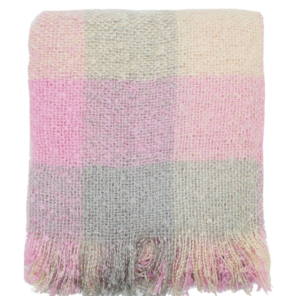 Pink Faux Mohair Plaid Fringed 50x60 Inch Throw Blanket